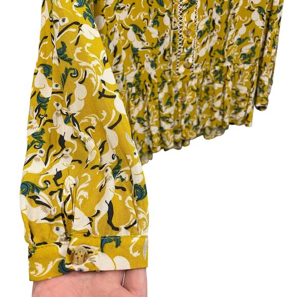 Maeve by Anthropologie Janie Flounced Peasant Blouse Yellow Rabbit Print Size 4 - Picture 5 of 8